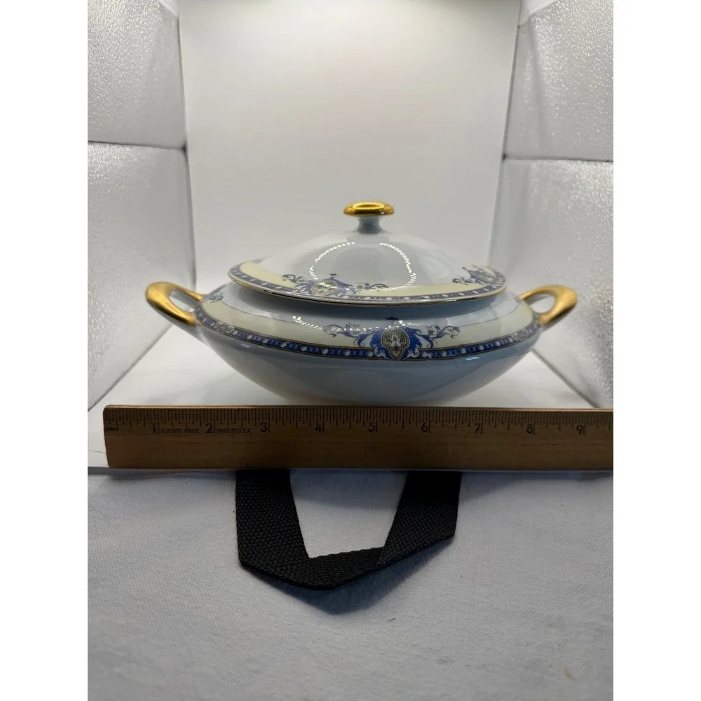 Victoria Czecho-Slovakia Porcelain Lidded Tureen Gold Gilt BlueCream ServingBowl